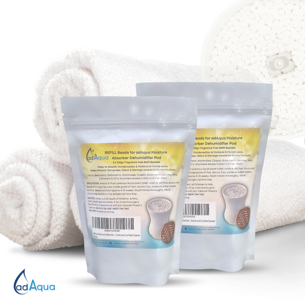  two bags of Calcium Chloride Beads contain 2 sachet, for the REFILLABLE adAqua Pods. Use adAqua to help prevent damage to your belongs caused through excess moisture in the environment, like Mould Mildew & Musty Smells..