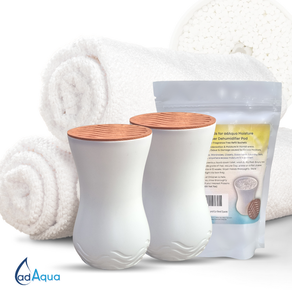 Double bundle of adAqua REFILLABLE REUSABLE Moisture Absorber Dehumidifier Pods & 1 x bag of Calcium Chloride Beads contain 2 sachet. Use adAqua to help prevent damage to your belongs caused through excess moisture in the environment, like Mould Mildew & Musty Smells..