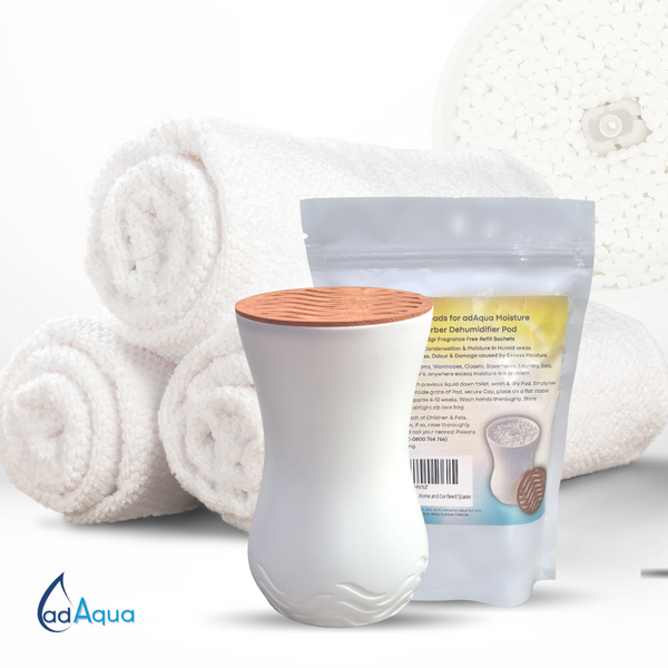 One adAqua REFILLABLE REUSABLE Moisture Absorber Dehumidifier Pods & 1 x bag of Calcium Chloride Beads contain 2 sachet. Use adAqua to help prevent damage to your belongs caused through excess moisture in the environment, like Mould Mildew & Musty Smells.